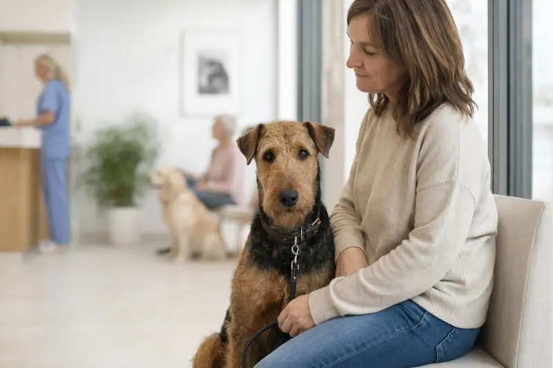 Ein Airedale Terrier sitzt ruhig neben seinem Besitzer in einem modernen Tierarzt-Wartezimmer.
